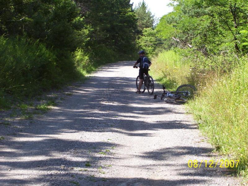 A young person standing on a gravel path in a wooded area, near a bicycle that has fallen on the ground. The setting features lush greenery and trees lining the trail, with sunlight filtering through the leaves. Bear Pen (modified) Loop mountain bike trail.