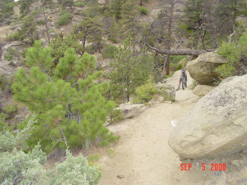 A narrow dirt path winding through a rocky area surrounded by pine trees, with a mountain bike parked on the side. The scene is set in a natural outdoor environment, showcasing a mix of greenery and rocky terrain. The date "September 5, 2006" is visible in the bottom right corner. Zimmerman Trail mountain bike trail.