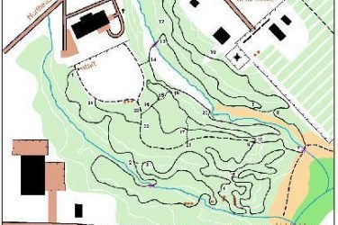 Map of Thomson Trails in Macon, GA, detailing the layout of bike trails, surrounding areas, and important landmarks. Features include labels for different trail paths, a legend for vegetation types, and directional indicators. Contact information is provided at the top. L.H. Thomson Trails mountain bike trail.