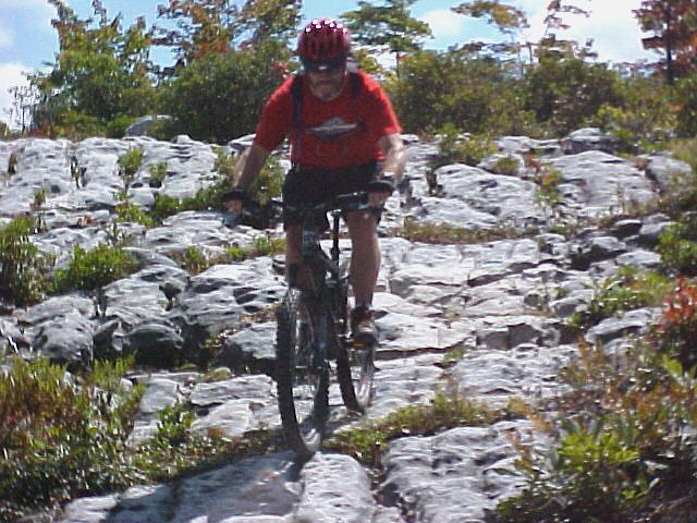 A mountain biker navigating a rocky trail, wearing a red helmet and a red t-shirt, amidst a landscape of greenery and scattered rocks under a blue sky. CVI Trails mountain bike trail.