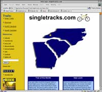 An online webpage featuring the logo of singletracks.com, displaying a blue silhouette map of the southeastern United States, specifically highlighting areas of South Carolina and surrounding states. The layout includes navigation links on the left in a yellow sidebar.