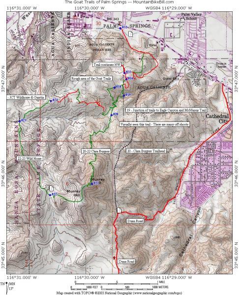 Map depicting the Great Trails of Palm Springs, highlighting various hiking routes. The map features contour lines indicating elevation changes, with marked trails in red and green. Key trail junctions and landmarks are labeled, including "Roughs on the Goat Trail," "Wild Horse," and "Clam Buggers." The map includes geographic coordinates and a legend for better orientation. The Goat Trails mountain bike trail.