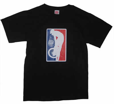 Black t-shirt featuring a logo design inspired by the NBA logo, depicting a silhouette of a BMX rider, with red and blue colors on either side of the figure.