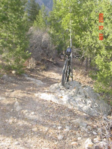 A mountain bike leaning against a large rock along a narrow dirt trail surrounded by greenery and trees. The image suggests a rural outdoor setting, ideal for biking or hiking. Cheyenne Mountain State Park mountain bike trail.