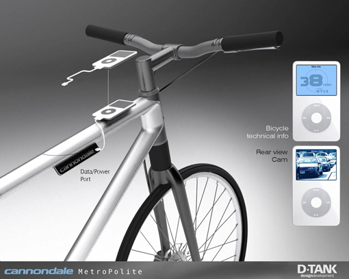 Illustration of a Cannondale MetroPolite bicycle's handlebars and frame. The image features a modern bike design with a data/power port on the top tube, alongside a display showing bicycle technical information and a rearview camera interface. The design emphasizes functionality and technology integration in cycling.