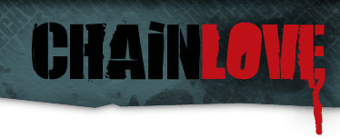 Text logo for "CHAIN LOVE," featuring bold black letters and a red, dripping "LOVE" against a textured dark background.