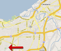 Map of Cleveland showing major roads and landmarks, with a red arrow pointing to a specific area in the southern part of the map.