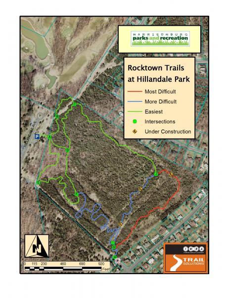 Map of the Rocktown Trails at Hillandale Park, featuring different trail difficulty levels: most difficult (red), more difficult (blue), and easiest (green). Key points indicate intersections and areas under construction. Includes a north arrow and scale for distance reference. Rocktown Trails At Hillandale Park mountain bike trail.
