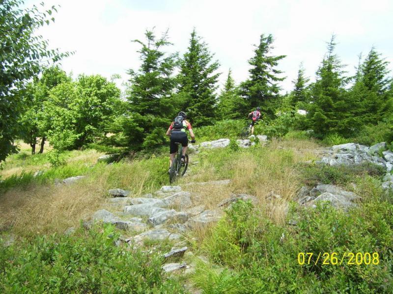 Two mountain bikers riding uphill on a rocky trail surrounded by greenery and trees. The pathway is uneven with rocks and patches of grass, indicating a rugged outdoor setting. Dolly Sods North (while Available) mountain bike trail.