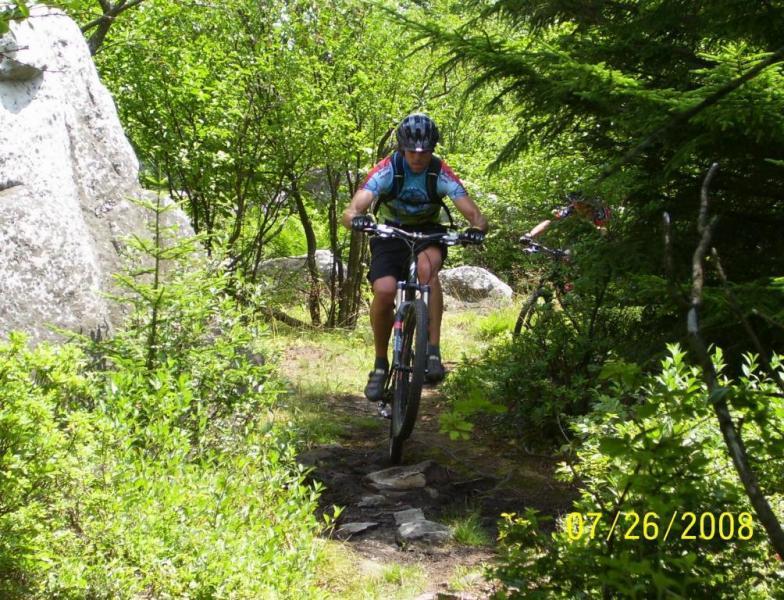 A person riding a mountain bike on a narrow trail surrounded by greenery and large rocks. The rider is focused, wearing a helmet and appropriate biking gear, while another bike is visible in the background. The scene captures a sunny day in a forested area, emphasizing an outdoor biking adventure. Dolly Sods North (while Available) mountain bike trail.