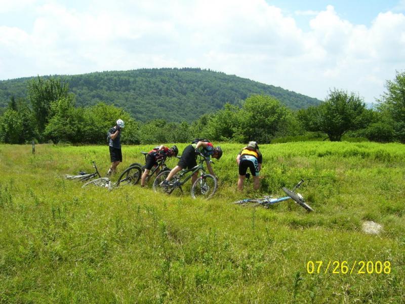 A group of four mountain bikers bent over their bikes in a grassy field, with two bicycles lying on the ground nearby. The backdrop features rolling green hills and a clear blue sky with scattered clouds. The scene captures the camaraderie and challenges of outdoor cycling. Dolly Sods North (while Available) mountain bike trail.