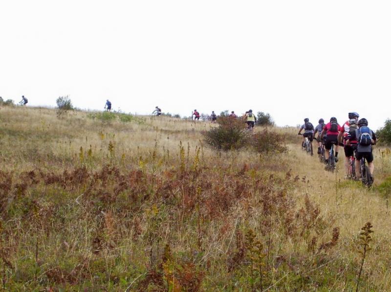 A group of mountain bikers riding on a grassy hill, with several cyclists visible in the distance under a cloudy sky. The foreground shows tall grass and scattered vegetation along the path. Dolly Sods North (while Available) mountain bike trail.