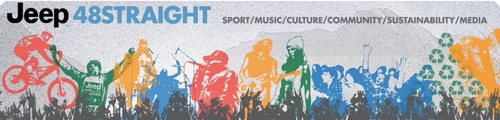 Illustration featuring the Jeep logo with the text "48STRAIGHT" above a colorful collage of silhouettes engaging in various activities related to sports, music, and community. The background includes symbols of sustainability and media, with vibrant colors representing diverse aspects of culture and community engagement.