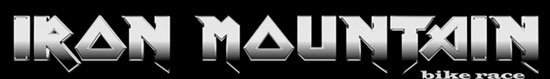 Graphic text logo for "Iron Mountain" featuring a bold, metallic font with the words "bike race" underneath, set against a black background.