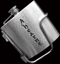 Stainless steel flask with a decorative engraved design, tilted at an angle, showing the cap and handle.