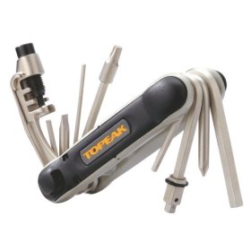 A multi-tool bicycle repair kit featuring various tools, including wrenches and screwdrivers, arranged in an open position. The tool has a black and silver design with "TOPEAK" branding.