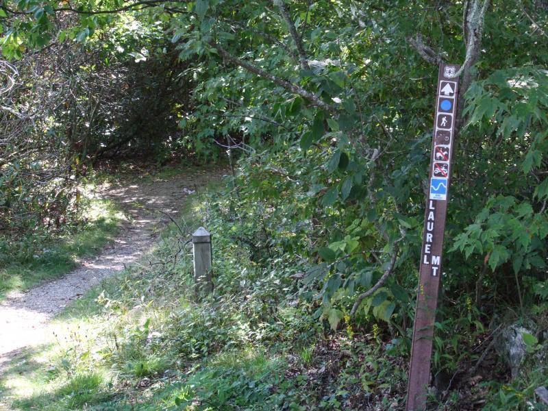 A hiking trail signpost stands beside a winding dirt path, surrounded by lush green foliage. The sign displays various symbols indicating trail use, including hiking, biking, and nature activities. A stone marker is visible nearby, indicating the trail name "Laurel Mountain." Laurel Mountain mountain bike trail.