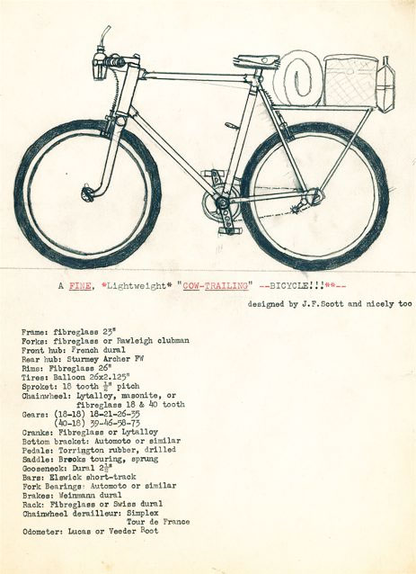 A hand-drawn illustration of a lightweight bicycle, labeled as a "fine cow-trailing bicycle," designed by J.F. Scott. The bicycle features a distinctive frame, two wheels with balloon tires, a front rack, and a rear carrier. Accompanying text outlines the bicycle's specifications, including materials, components, and features like the gear system and odometer options.