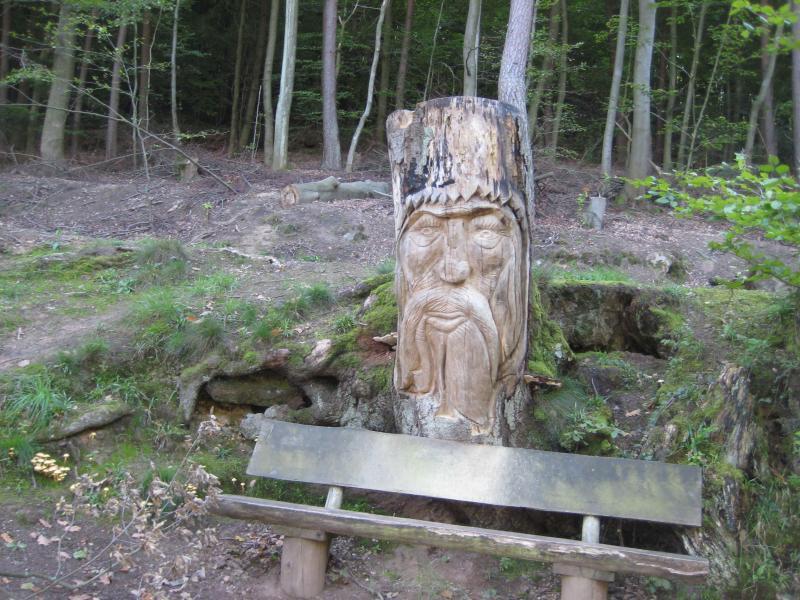 A carved wooden face on a tree stump in a forest, with a rustic wooden bench nearby. The background features green foliage and trees, creating a natural setting. Landstuhl Trail mountain bike trail.