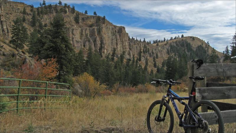 A mountain bike leaning against a wooden fence in an open grassy area, surrounded by pine trees and rocky cliffs in the background under a cloudy sky. Pipestone Canyon mountain bike trail.