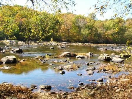 A serene river scene with gently flowing water surrounded by large, smooth rocks. Lush greenery lines the riverbank, with trees displaying autumn colors in the background under a clear blue sky. Rappahanock River Trail mountain bike trail.
