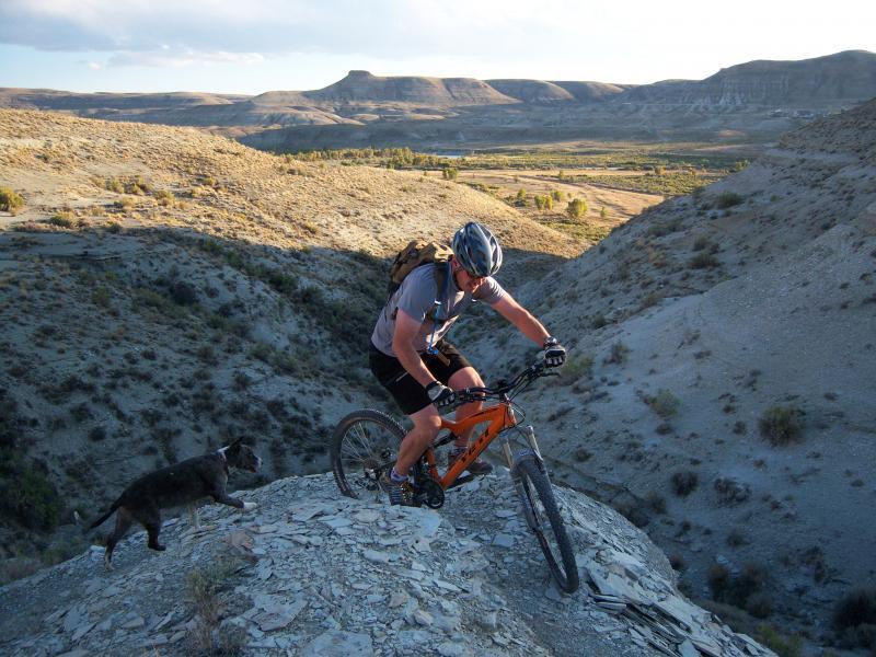 A mountain biker navigates a rocky slope, with a dog walking beside him in a rugged, open landscape. The scene shows hills and valleys in the background, illuminated by soft evening light. The biker is wearing a helmet and casual athletic gear, and he is focused on maintaining balance on his orange bike. Lunatic Fringe mountain bike trail.
