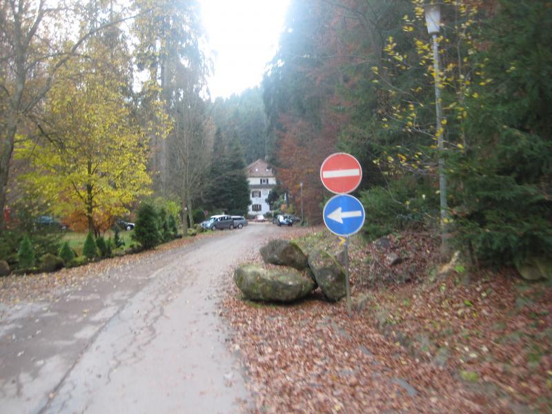 A winding, unpaved road surrounded by autumn trees leads to a white house in the distance. Traffic signs indicating "No Entry" and "One Way" are positioned near the road, flanked by boulders and scattered fallen leaves. Parked cars are visible to the side, nestled among the greenery. Schopp Trail #3 mountain bike trail.