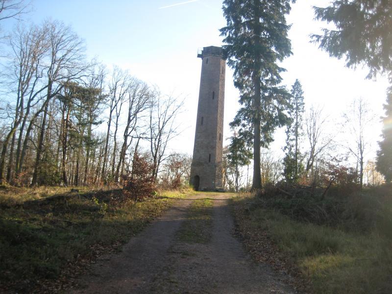 A tall, stone tower stands on a dirt path surrounded by trees in a woodland setting. The scene is illuminated by sunlight, highlighting the tower's structure against the clear blue sky. The path leads up to the tower, which is framed by various tree species, indicating a natural, forested environment. Johanniskreuz Trail 9 mountain bike trail.