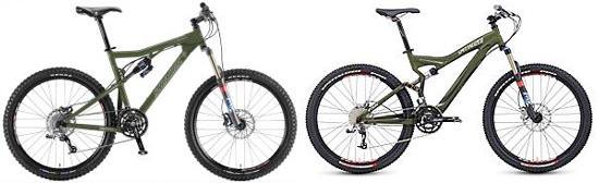 Two mountain bikes are displayed side by side, both featuring an olive green frame. The bike on the left showcases a classic design with a prominent suspension system, while the bike on the right has a more modern frame and streamlined features. Both bikes are equipped with thick, rugged tires suitable for off-road terrain.