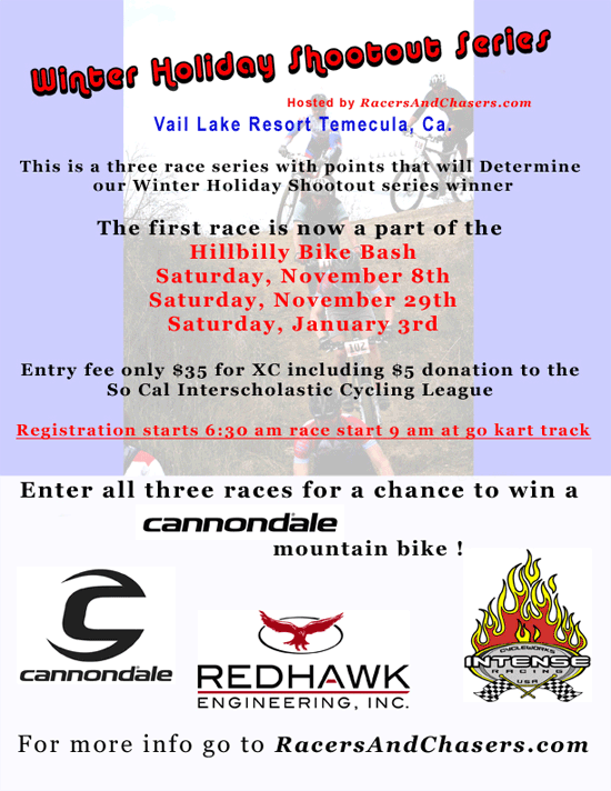 Alt text: A promotional flyer for the Winter Holiday Shootout Series at Vail Lake Resort in Temecula, California. The flyer includes event details: race dates on November 8, November 29, and January 3, registration information, an entry fee of $35, and mentions a chance to win a Cannondale mountain bike. Logos of sponsors are also displayed.