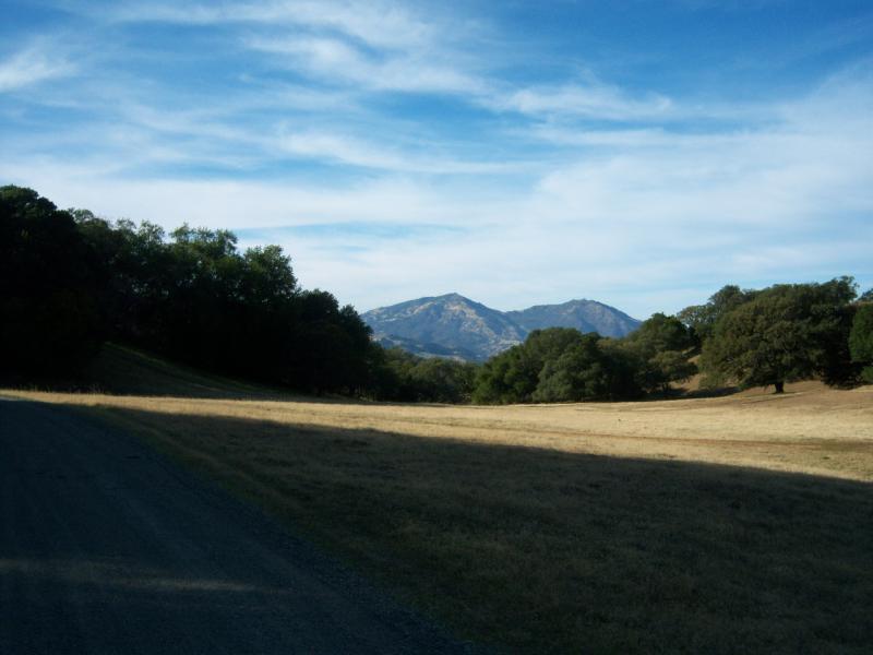 Scenic landscape featuring a gravel path leading through a grassy field, surrounded by lush trees, with mountains in the background under a blue sky with scattered clouds. Round Valley to Morgan Territory mountain bike trail.