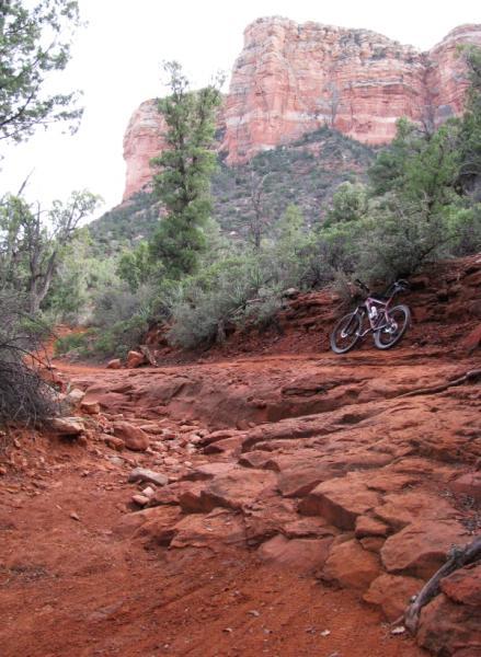 A rocky dirt trail winding through a wooded area, with a mountain bike resting on the ground. Red rocky terrain and green shrubs are visible, set against a backdrop of towering red rock formations. Llama Trail mountain bike trail.