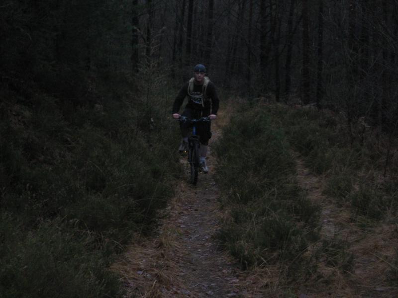 A cyclist riding a mountain bike on a narrow, overgrown trail in a dark, wooded area. The environment features tall trees and low vegetation, creating a sense of depth and wilderness. Hohenecken Trails mountain bike trail.