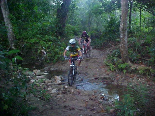 Two mountain bikers navigating a rocky trail in a lush, green forest, with a small stream crossing the path. Disney World mountain bike trail.