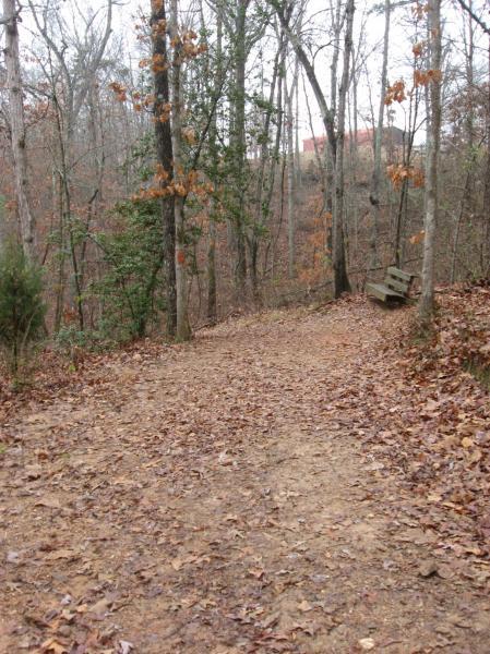 A dirt path winding through a wooded area, covered with fallen leaves. Trees with sparse foliage line the path, indicating autumn or early winter. In the distance, a hint of a building can be seen among the trees, and a wooden bench is positioned off to the side of the trail. Victoria Bryant State Park mountain bike trail.