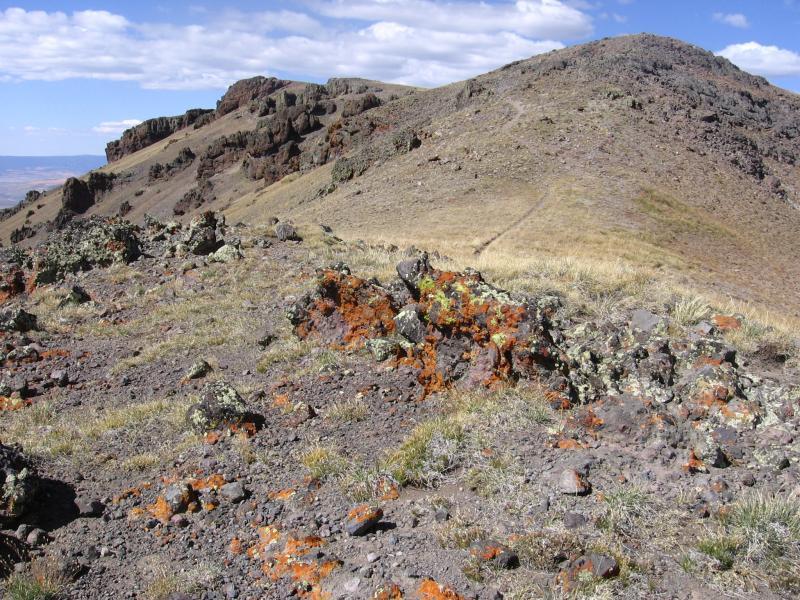 A rocky landscape with hills covered in dry grass and patches of orange and green lichen. The sky is partially cloudy, and a faint dirt path leads along the hillside. The terrain appears rugged and natural, showcasing the beauty of an outdoor environment. Arapaho Ridge mountain bike trail.
