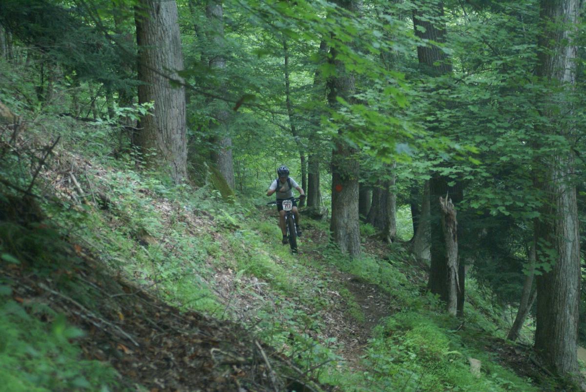 A mountain biker navigates a narrow, winding trail through a lush green forest, surrounded by tall trees and undergrowth. The cyclist is wearing a helmet and a backpack, focused on the path ahead. North Bend State Park mountain bike trail.