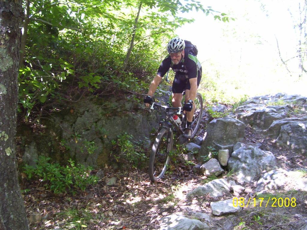A mountain biker navigates a rocky trail surrounded by lush greenery, showcasing skill and balance on a sunlit day. The biker wears a helmet and cycling gear, emphasizing an active outdoor lifestyle. CVI Trails mountain bike trail.