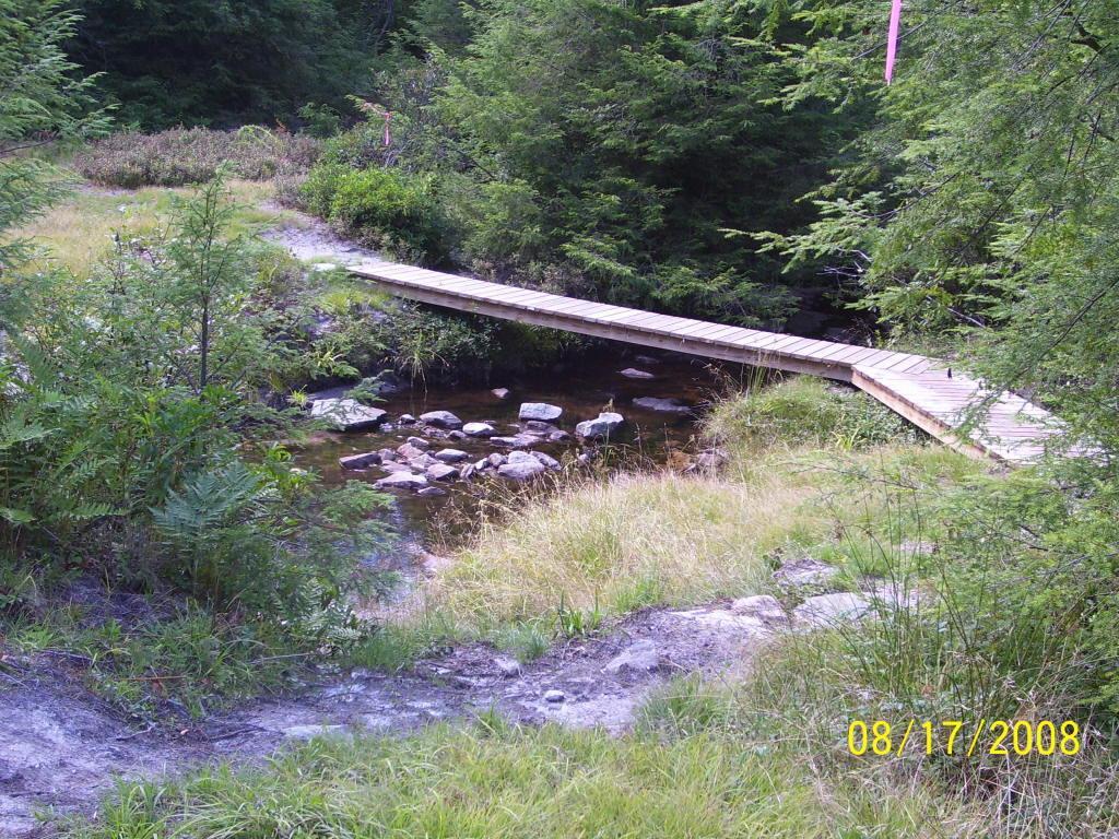 A wooden footbridge spans a shallow creek, surrounded by lush greenery and rocky terrain. The scene captures a serene natural landscape with tall grass and small bushes alongside the water. The date in the corner indicates the image was taken on August 17, 2008. CVI Trails mountain bike trail.
