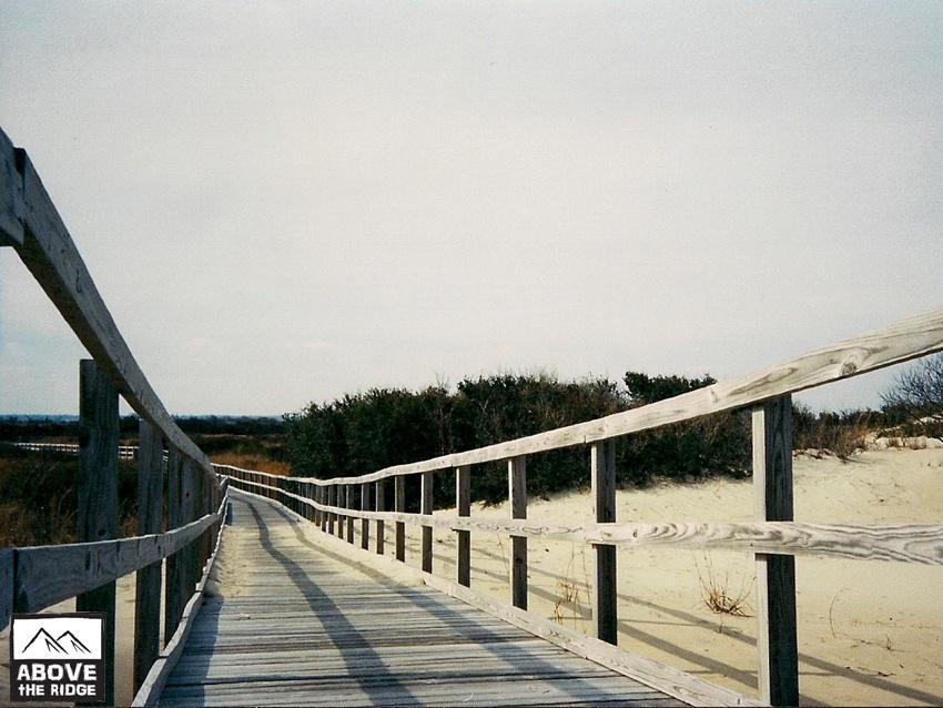 A wooden boardwalk winding through a sandy landscape, leading to a beach area with sparse vegetation and overcast skies. The boardwalk features a railing and is set against a backdrop of trees and shrubs. False Cape State Park (back Bay Wildlife Refuge) mountain bike trail.