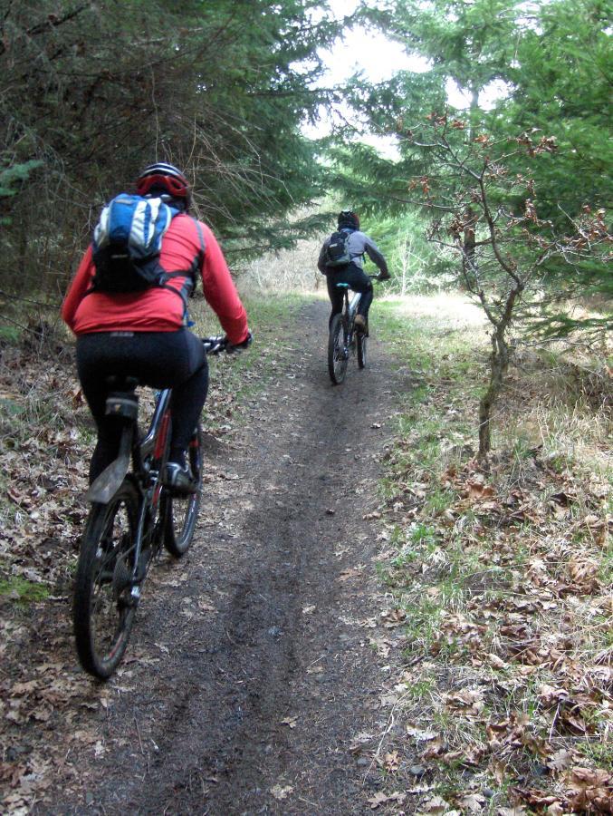 Two mountain bikers riding along a narrow, muddy trail through a wooded area. The first cyclist is wearing a red jacket and a blue backpack, while the second is dressed in darker colors. Surrounding foliage includes trees and scattered dry leaves on the ground, indicating a natural outdoor setting. McDonald / Dunn Forests mountain bike trail.