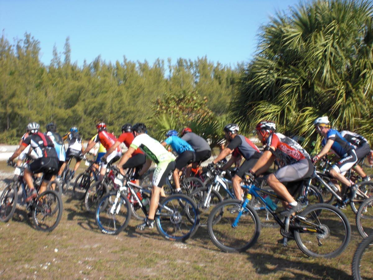A group of mountain bikers in colorful jerseys and helmets are riding on a gravel path surrounded by greenery. The scene captures a lively moment as they pedal together, with some cyclists facing the viewer and others in profile. Sunlight illuminates the setting, suggesting a bright day for outdoor biking. Oleta River State Park mountain bike trail.