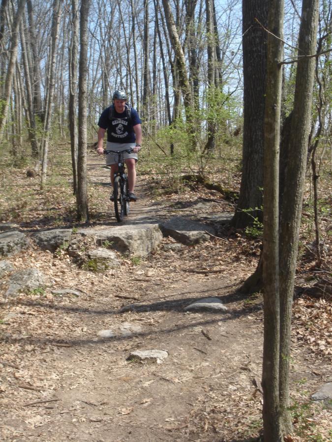 A person wearing a helmet rides a mountain bike along a narrow dirt trail in a wooded area. The trail is surrounded by trees with sparse foliage, indicating early spring. Sunlight filters through the branches, casting light on the path that features rocks and natural terrain. Lock 4 mountain bike trail.