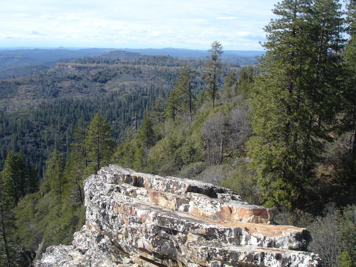 A panoramic view of a mountainous landscape, featuring a rocky outcrop in the foreground and dense forests of evergreens stretching into the distance. The sky is partly cloudy, casting soft light over the natural scenery, which includes rolling hills and peaks in the background. Top Of The World mountain bike trail.