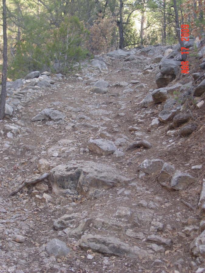 A rocky trail winding through a forested area, surrounded by trees and shrubs. The path is uneven, with various sizes of rocks and dirt visible along the way. Otero Canyon mountain bike trail.