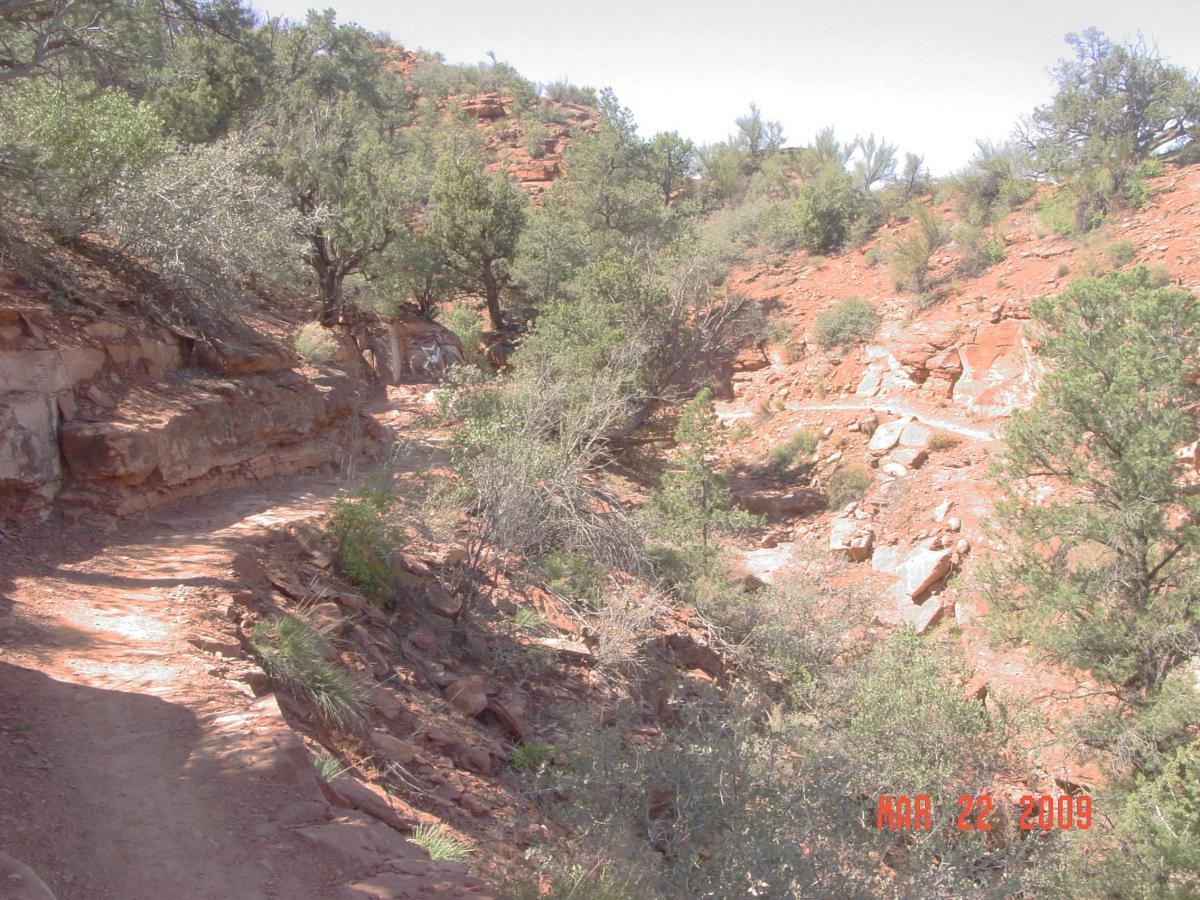 A winding dirt path leads through a rocky landscape, surrounded by shrubs and trees on both sides. The terrain features reddish-brown earth and rocky outcrops, indicating a natural setting. Sunlight casts soft shadows along the trail, creating a serene atmosphere. Templeton mountain bike trail.
