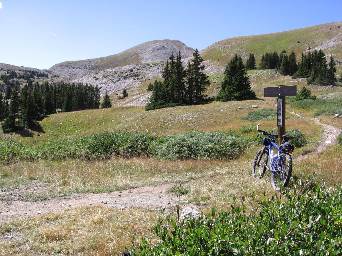 A mountain biking trail with a blue bicycle resting on the ground near a directional sign. The background features rolling hills covered in green vegetation and scattered trees under a clear blue sky. Canyon Creek Trail mountain bike trail.