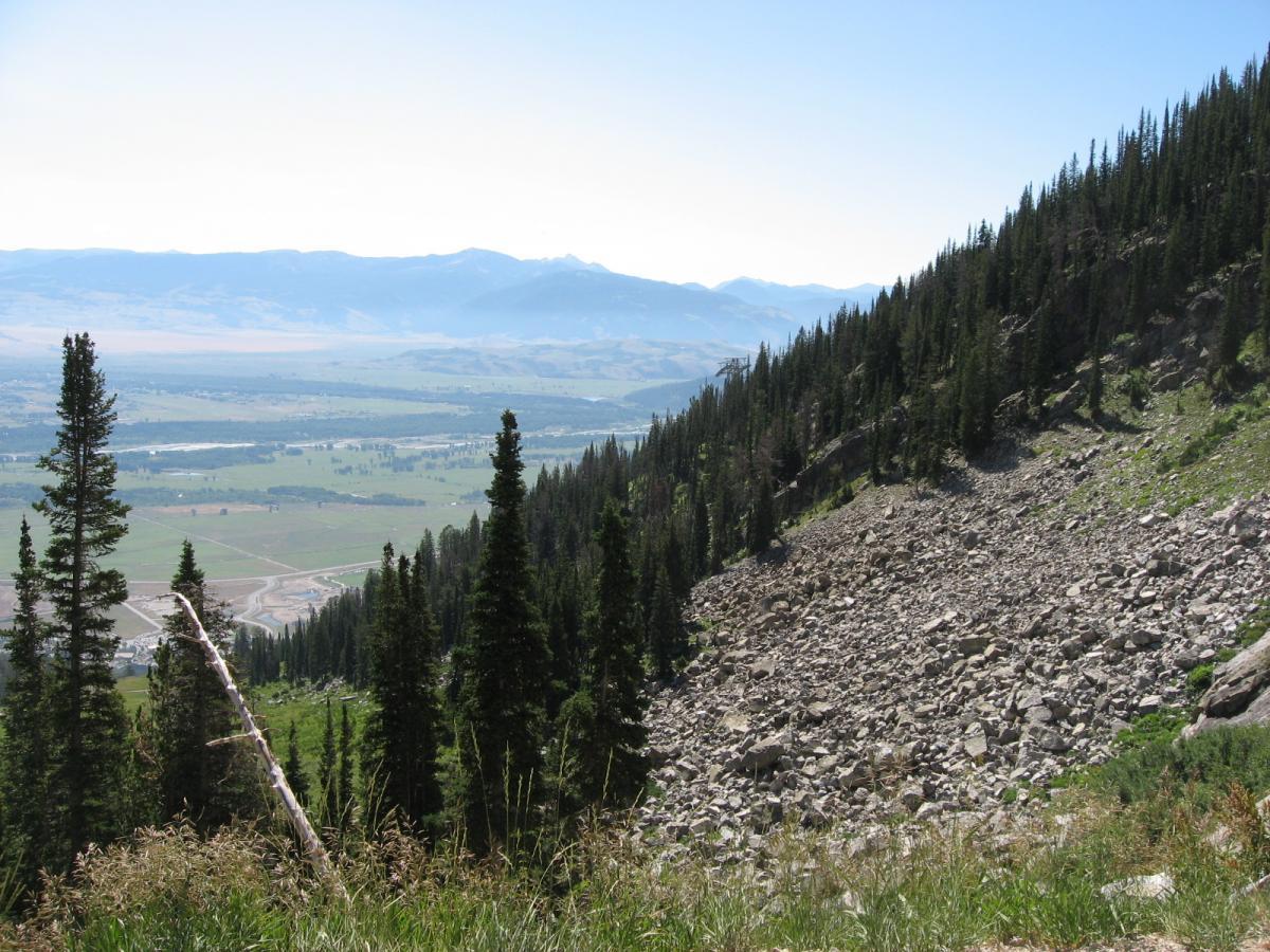 A panoramic view of mountainous terrain with evergreen trees in the foreground, a rocky slope to the right, and a lush valley below. The landscape features rolling hills and distant mountains under a clear blue sky, highlighting the natural beauty of the region. Jackson Hole Bike Park mountain bike trail.