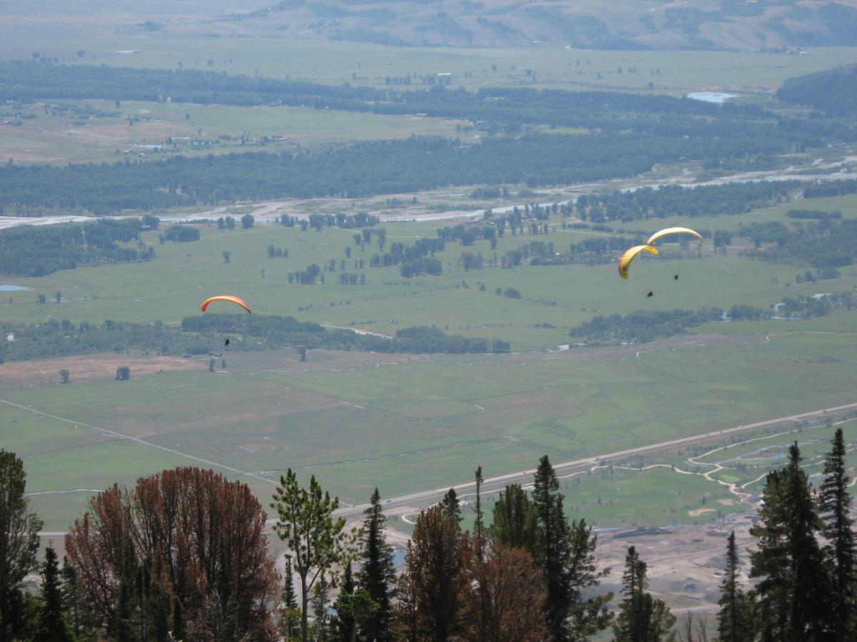 Three paragliders are soaring over a lush green valley, with a mix of trees and open fields visible below. The landscape features gentle hills and winding roads, and the sky is clear, providing a scenic backdrop for the paragliders, two of which are yellow and one is orange. Jackson Hole Bike Park mountain bike trail.