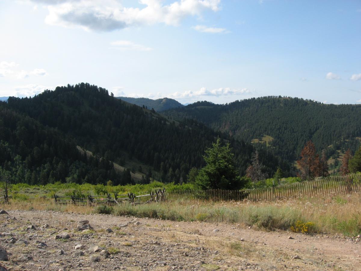 A scenic view of rolling hills covered with lush green trees under a clear blue sky, with a wooden fence in the foreground and distant mountains in the background. Snow King Mountain mountain bike trail.